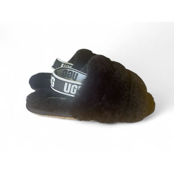 Ugg Kids Oh Yeah Black Fur Open Toe Slip On Slides Slippers US 10 EUR 27.5 - Picture 1 of 5
